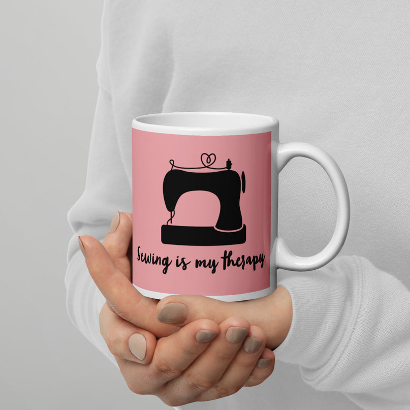 Mug - "Sewing is my therapy" Pink